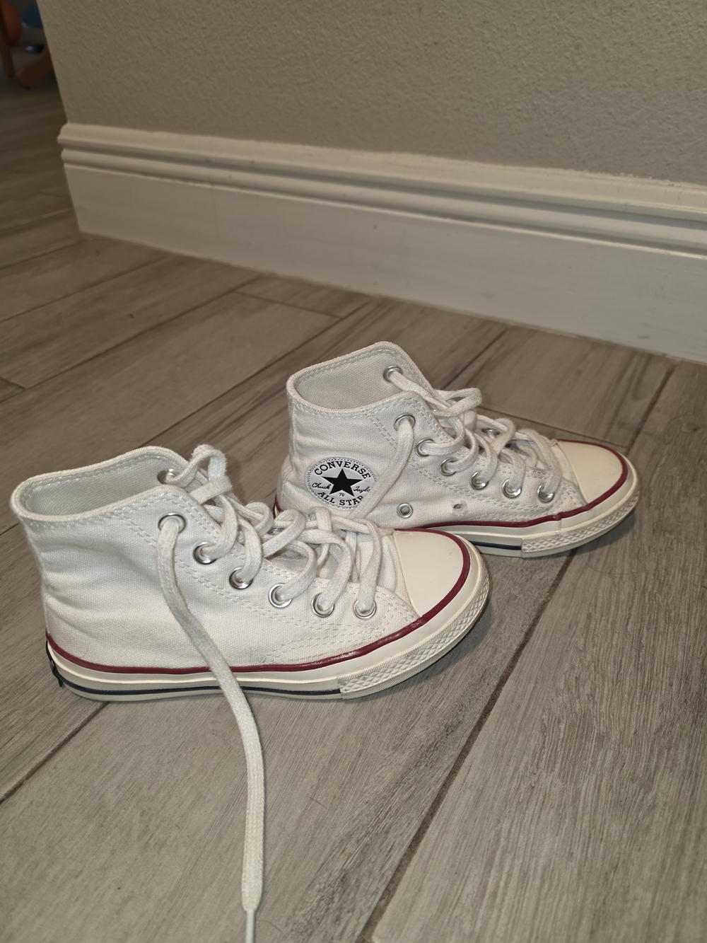 Converse Kids White High Top Sneakers with Red & Blue Stripe